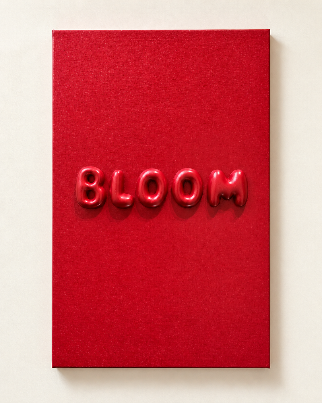 Studio presentation of the red BLOOM raised-letter canvas, shown in 40 by 60 cm proportions